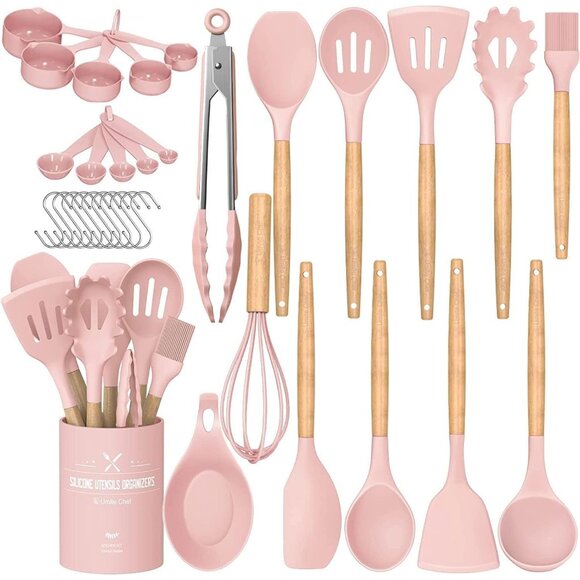 33 pcs Non-Stick Silicone Cooking Kitchen Utensils Spatula Pink Set with Holder - Picture 3 of 9